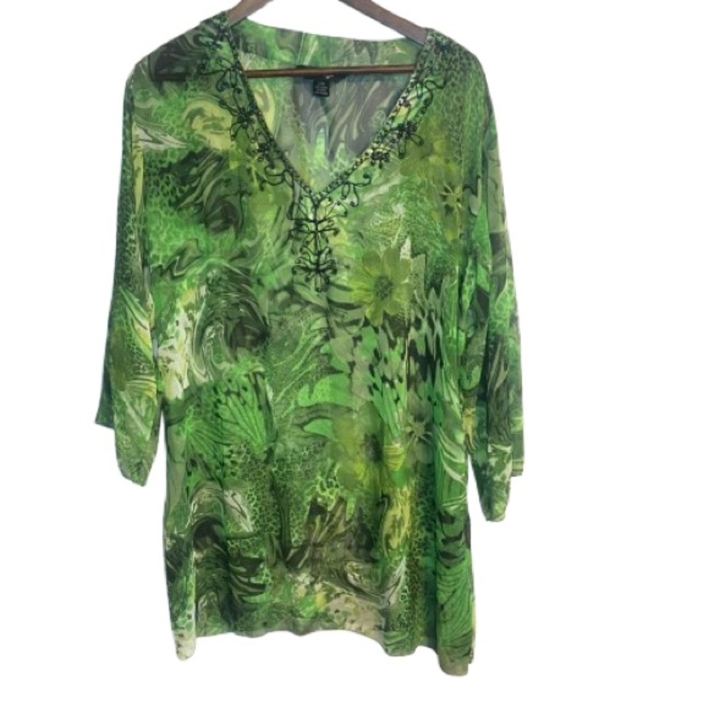 Zury Green Floral Long Sleeve Sheer Blouse Top Beaded V-neck